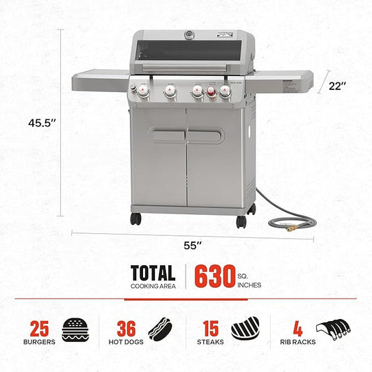 Monument Grills 4+1 Burner Natural Gas Grill with Natural Gas Hose, 50,000 BTU Stainless Steel Outdoor Patio Barbecue Grill, Broil Zone Fast Heating, Knob Lights, and Easy Cleanup, M415BZNG