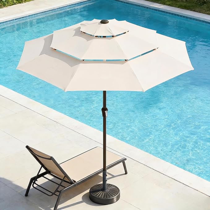 10ft 3 Tier Patio Umbrella, Outdoor Market Table Umbrella with UPF 50+ Vented Canopy, 8 Sturdy Ribs, Easy Push Button Tilt and Crank, Windproof for Deck, Pool, Backyard and Garden
