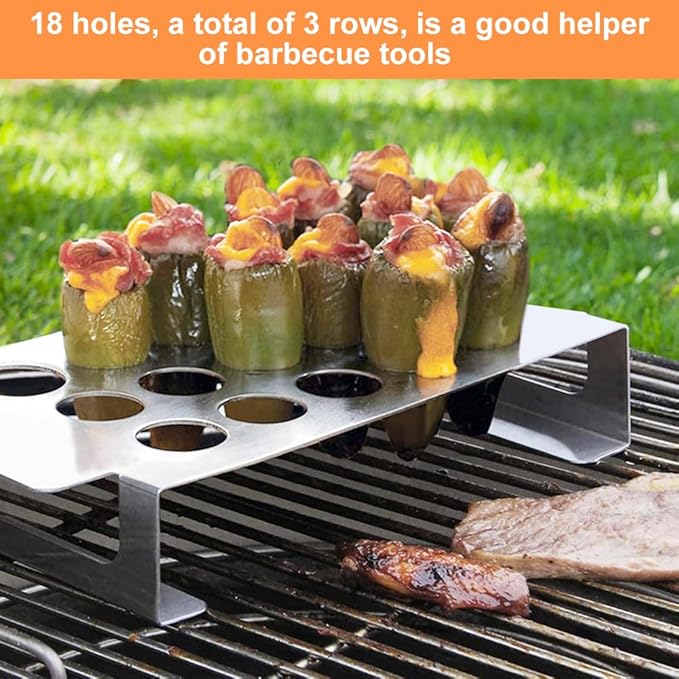 PUXING Jalapeno Grill Rack with Corer Tool Jalapeno Popper Holder 18 Holes Stainless Steel Drumstick Chicken Wings Roaster Popper Griller& Cooker for BBQ Smoker and Oven (Color:Silver)