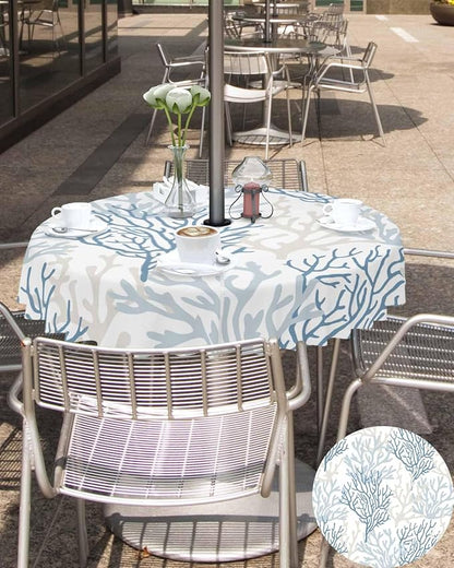 Blue Grey Coral Coastal Outdoor Tablecloth - 54 Inch Round Waterproof Dining Table Cover, Summer Beach Seaside Nautical Outdoor Table Cloth with Umbrella Hole & Zipper for Picnic/Patio