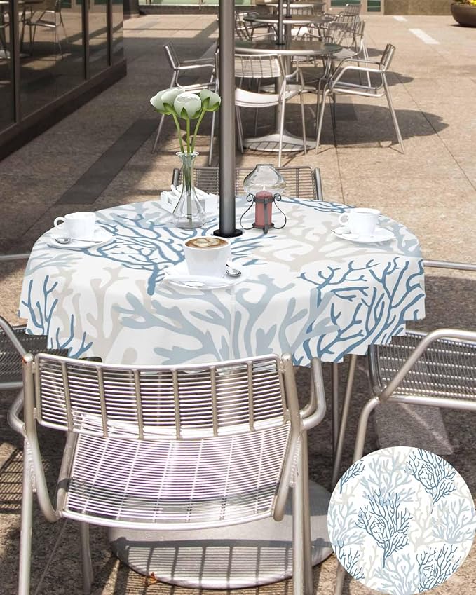 Blue Grey Coral Coastal Outdoor Tablecloth - 60 Inch Round Waterproof Dining Table Cover, Summer Beach Seaside Nautical Outdoor Table Cloth with Umbrella Hole & Zipper for Picnic/Patio