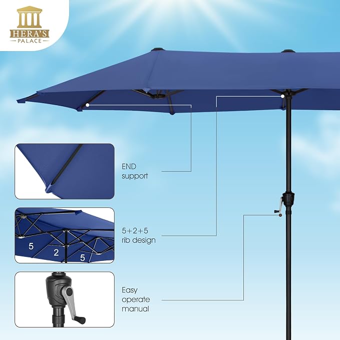 HERA'S PALACE 13 ft Large Patio Umbrella, Double-Sided Twin, Outdoor Market Umbrella with Crank Handle, Powerful UV Protective, Haze Blue