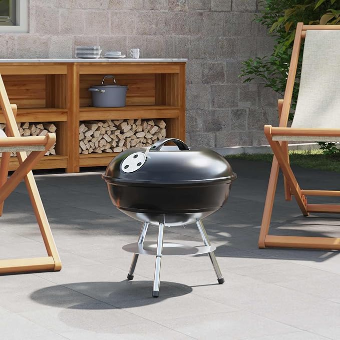 Portable Charcoal Grill for Outdoor Cooking, Compact Round BBQ Barbecue Grill with Lid, Air Vent, Ash Basin and Cooking Grate for Garden, Patio, Camping, Backyard, Black, 14.37 x 14.37 x 15.75 in