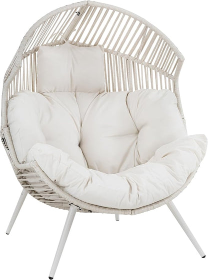 Shintenchi Wicker Egg Chair Outdoor Rattan Patio Chair with Cushion, Oversized Patio Lounge Chairs Egg Basket Chair, Egg Seat for Indoor Living Room Bedroom Outside Patio Backyard Balcony, White