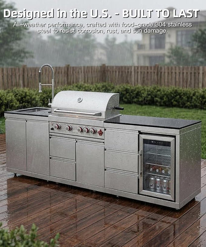 BBQ Outdoor Kitchen Island Grill Barbecue Modular Patio Kitchens Kits with Electric Rotisserie, Sink, fridge, and Burner for More than 10 People