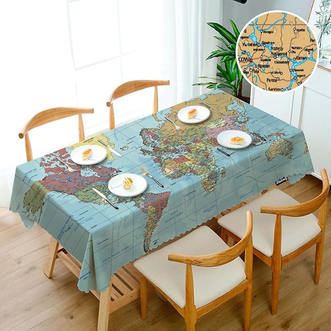 Swono World Map Rectangle Tablecloth Vintage Global Political Map Table Cloth Dining Table Cover for Home Kitchen Restaurant Party Buffet Picnic, 52x70 Inch, Blue