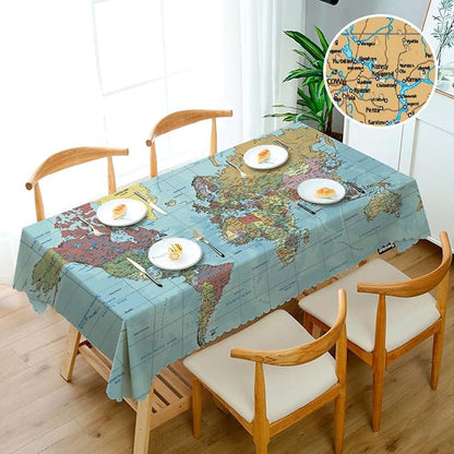 Swono World Map Rectangle Tablecloth Vintage Global Political Map Table Cloth Dining Table Cover for Home Kitchen Restaurant Party Buffet Picnic, 52x70 Inch, Blue