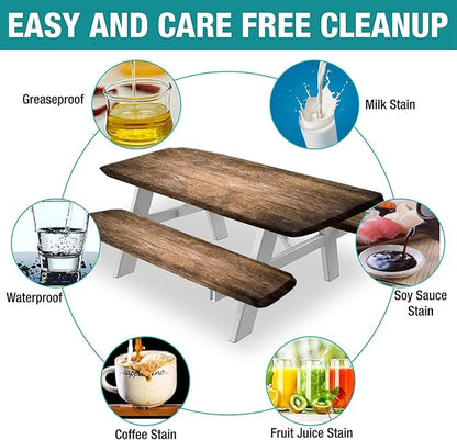 Rustic Wood Planks Picnic Table Cover with Bench Covers, Rustic Wood Planks Fitted Tablecloth and Seats Cover, 3 Pieces Set, for Travel Spring Picnics Parties Outdoor Use, 72x28 in, Brown