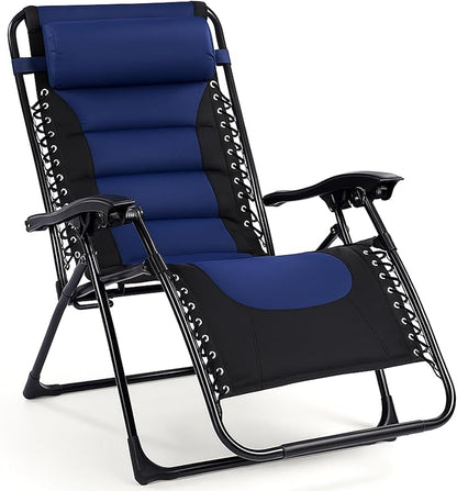Backyard Expressions Deluxe XL Padded Recliner Zero Gravity Chair – Ergonomic Anti-Gravity Lounger with Folding Design, Side Tray, and Adjustable Headrest