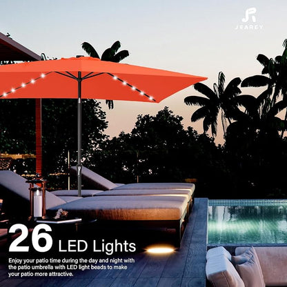 JEAREY 6.5x10' Rectangle LED Lighted Umbrella Patio Umbrella Outdoor w/Tilt | Solar Market Umbrellas with 6 Sturdy Ribs, UV Protection Waterproof Sunproof for Pool, Deck, Backyard(Orange)