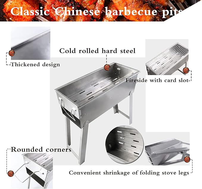 Charcoal Grill Portable BBQ Grill with Legs, Grill Folding Barbecue Grill Charcoal Shish Kebab Grill Stainless Steel Camping Grill for Outdoor Picnic, Patio, Backyard & Camping