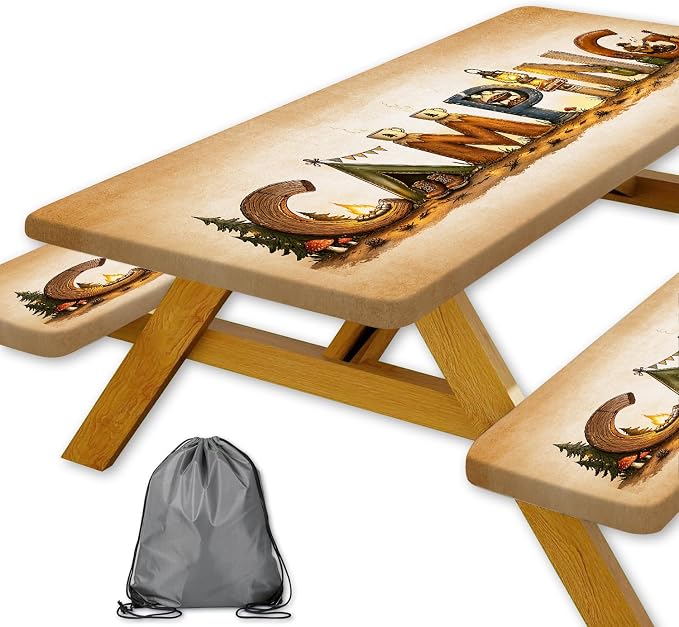 3PCS Vintage Camping Picnic Table Cover with Bench Covers & Storage Bag, 30x60 Inch Rustic Retro Camping Themed Waterproof Fitted Outdoor Patio Tablecloth with Elastic Edges for Campsite RV Backyard
