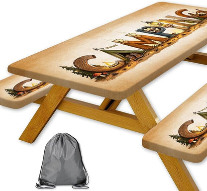 3PCS Vintage Camping Picnic Table Cover with Bench Covers & Storage Bag, 30x96 Inch Rustic Retro Camping Themed Waterproof Fitted Outdoor Patio Tablecloth with Elastic Edges for Campsite RV Backyard
