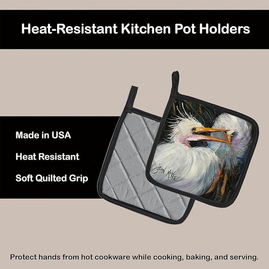 Caroline's Treasures JMK1213PTHD White Egret Pair of Pot Holders Kitchen Heat Resistant Pot Holders Sets Oven Hot Pads for Cooking Baking BBQ, 7 1/2 x 7 1/2