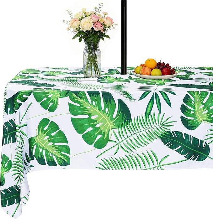 SquarePie Rectangle Outdoor Tablecloth with Umbrella Hole and Zipper 60x104 inch Waterproof Spillproof Patio Table Cloth Cover for Spring Summer Garden Party BBQs Host Backyard, Palm Leaf