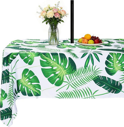 SquarePie Rectangle Outdoor Tablecloth with Umbrella Hole and Zipper 60x104 inch Waterproof Spillproof Patio Table Cloth Cover for Spring Summer Garden Party BBQs Host Backyard, Palm Leaf