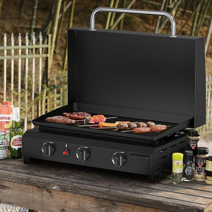 SKOK 23.3 Inch Flat Top Grill, Gas Griddle with Hood, Portable Tabletop Propane Gas Griddle Grill for Camping, Outdoor & Tailgating Barbecue, 45,000 BTU Output, 3 Burners