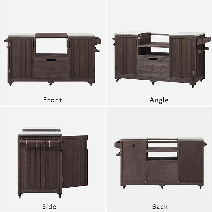 LUMISOL Outdoor Grill Cart with Stainless Steel Top, Solid Wood Kitchen Island for Big Green Egg Grills, 66.5" Rolling Kitchen Table with Internal Storage Rack, Spice & Towel Rack, Dark Brown