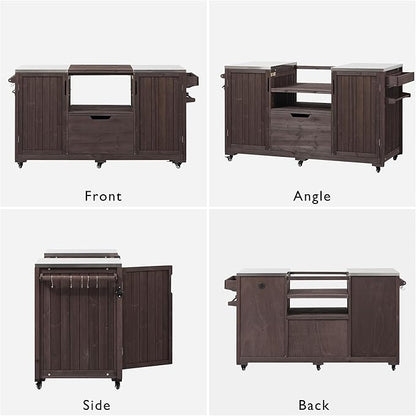 LUMISOL Outdoor Grill Cart with Stainless Steel Top, Solid Wood Kitchen Island for Big Green Egg Grills, 66.5" Rolling Kitchen Table with Internal Storage Rack, Spice & Towel Rack, Dark Brown