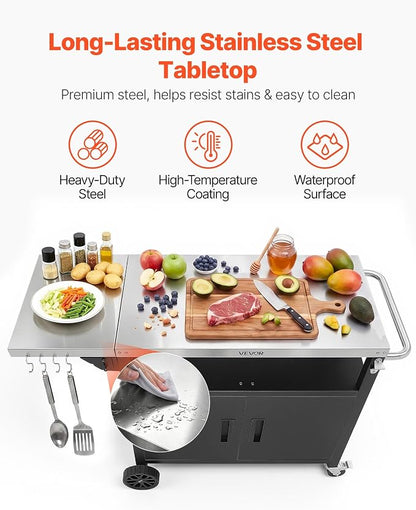 VEVOR Outdoor Grill Cart with Storage Cabinet, 48.9 Inch Grill Table, Waterproof Kitchen Island with Stainless Steel Top, Shelf, and Wheels, Movable Food Prep Station for Patio Bar Backyard BBQ