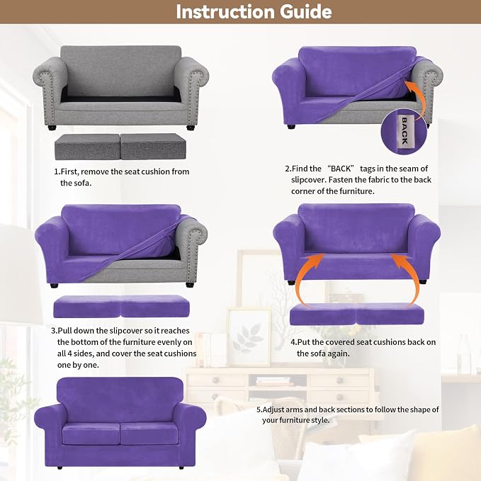 WEERRW Velvet Stretch 3 Pieces Couch Cover for Sofa Washable, Purple | Love Seat Couch Covers for 2 Cushion Couch Sofa Furniture Protector slipcoves with Elastic Bottom for Kids, Medium
