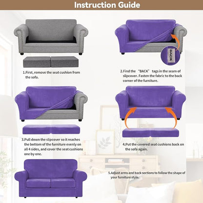 WEERRW Velvet Stretch 3 Pieces Couch Cover for Sofa Washable, Purple | Love Seat Couch Covers for 2 Cushion Couch Sofa Furniture Protector slipcoves with Elastic Bottom for Kids, Medium