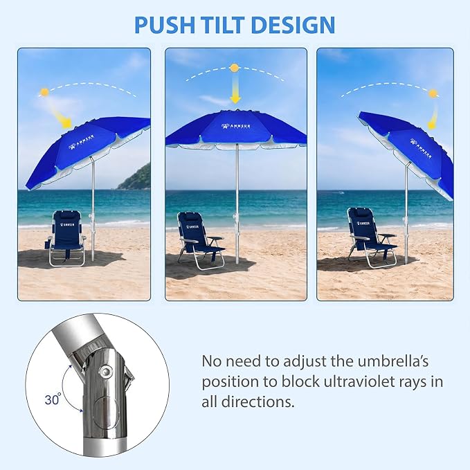 AMMSUN 6.5ft twice folded Portable beach umbrella with sand anchor windproof, Push Button Tilt and Air vent UPF 50+ Protection Fits in a large Suitcase for Patio Garden Beach Pool Backyard Blue