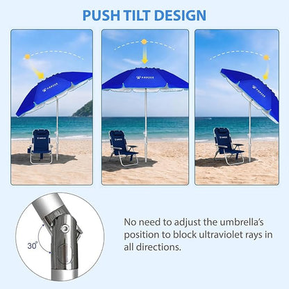 AMMSUN 6.5ft twice folded Portable beach umbrella with sand anchor windproof, Push Button Tilt and Air vent UPF 50+ Protection Fits in a large Suitcase for Patio Garden Beach Pool Backyard Blue