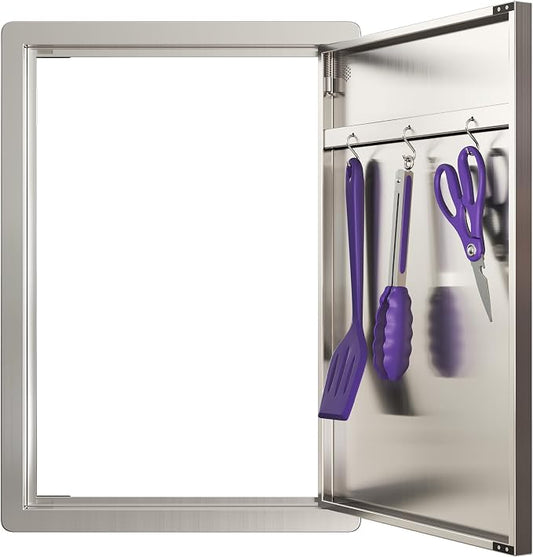 Sersper Outdoor Kitchen Door, 17" W x 24" H Stainless Steel Single Access Door with Venting Holes, Recessed Installation, 1 Ergonomic Handles, 3 Hooks, Ideal for Outdoor Kitchens and BBQ Islands
