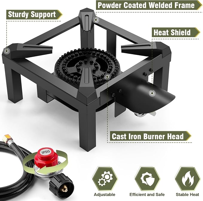 BESTFIRE Propane Burner, 100,000 BTUs High Pressure Single Propane Stove - Upgraded Heat Shield, 4.1ft Adjustable Hose with Regulator, Gas Stove for Outdoor Cooking, Turkey Fry, Seafood Boil