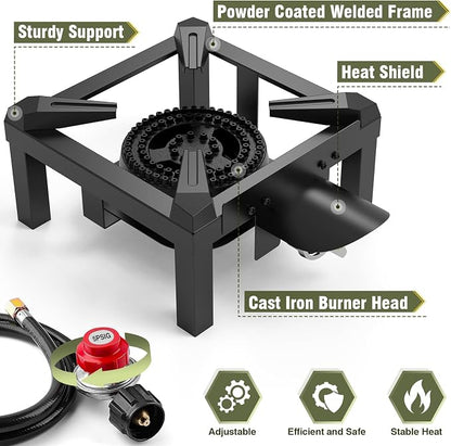 BESTFIRE Propane Burner, 100,000 BTUs High Pressure Single Propane Stove - Upgraded Heat Shield, 4.1ft Adjustable Hose with Regulator, Gas Stove for Outdoor Cooking, Turkey Fry, Seafood Boil