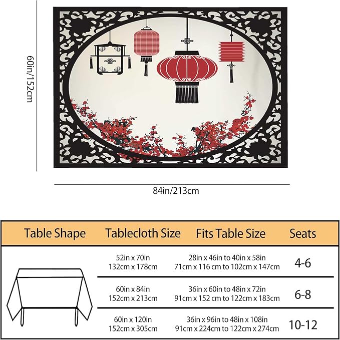 TKS MITLAN Chinese Lantern Decorative Rectangle Tablecloth Festival Window Flower Cherry Pattern Polyester Table Cloths Kitchen Table Cover for Dining BBQ Picnic Coffee Table 60 x 84 Inch 6-8 Seats