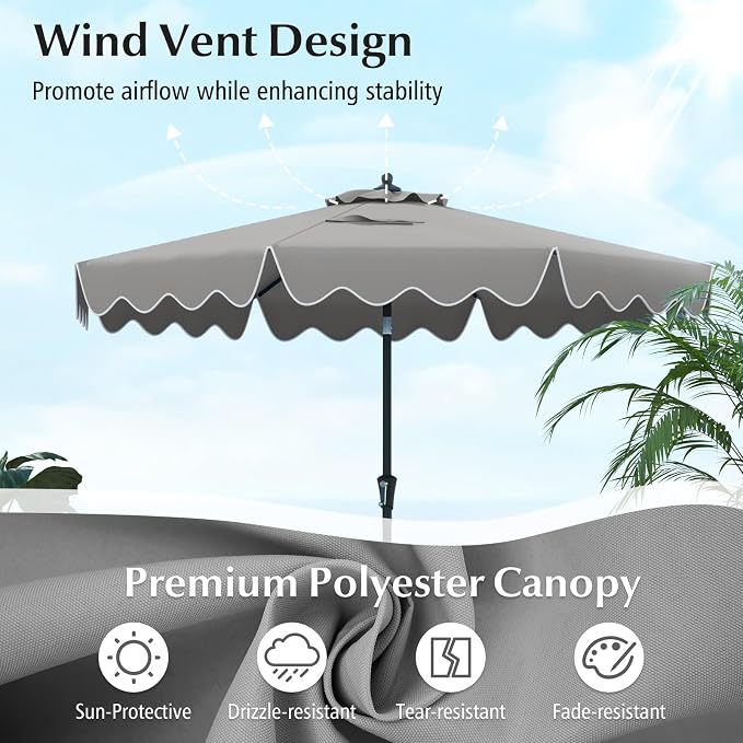Tangkula 9Ft Patio Umbrella with Crank, 2-Tier Outdoor Umbrella with Push Button Tilt, Sun-Protective Canopy, 8 Ribs, Scalloped Patio Umbrella for Outdoor Beach Deck Pool Table (Gray)