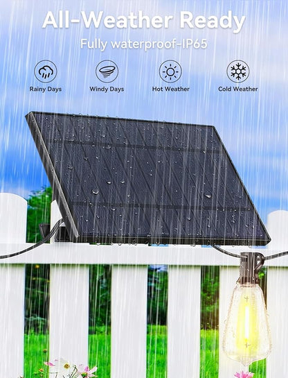 Brightever 150FT Solar String Lights Outdoor Waterproof with Remot, 55+2 Shatterproof ST38 LED Bulbs, Dimmable & 3 Lighting Modes, Warm White Solar Patio Lights for Balcony, Deck, Wedding