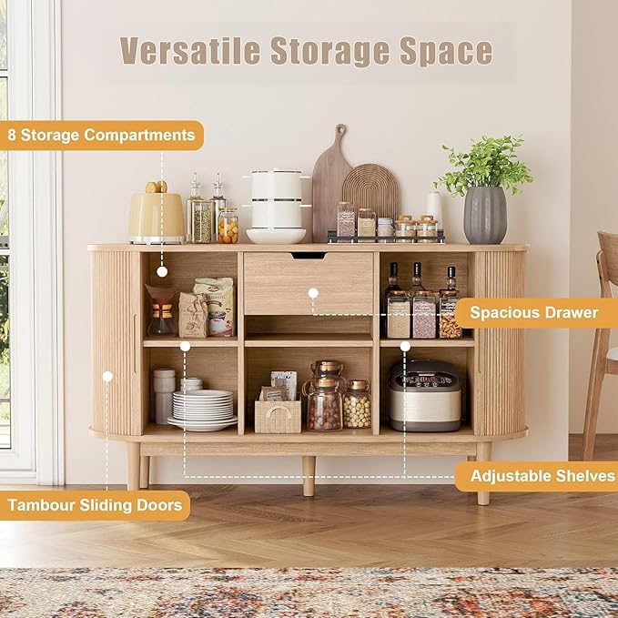 LINSY HOME 55" Sideboard Buffet Cabinet,Tambour Sliding Doors & Drawer | Oak Fluted Coffee Bar Cabinet with Large Storage, Mid Century Modern Wood Storage Buffet Table for Kitchen, Living Room