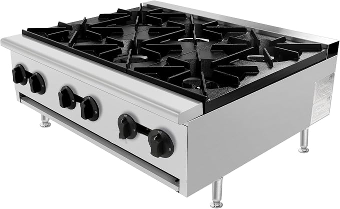 Commercial Gas Countertop Burner Stove,Natural Propane Convertible Hot Plate with Independent Controls,Standing Pilot Ignition,Cast Iron Grates,Adjustable Legs for Kitchen Food Truck (Silver,6 Burner)