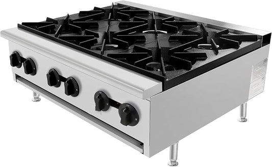 Commercial Gas Countertop Burner Stove,Natural Propane Convertible Hot Plate with Independent Controls,Standing Pilot Ignition,Cast Iron Grates,Adjustable Legs for Kitchen Food Truck (Silver,6 Burner)