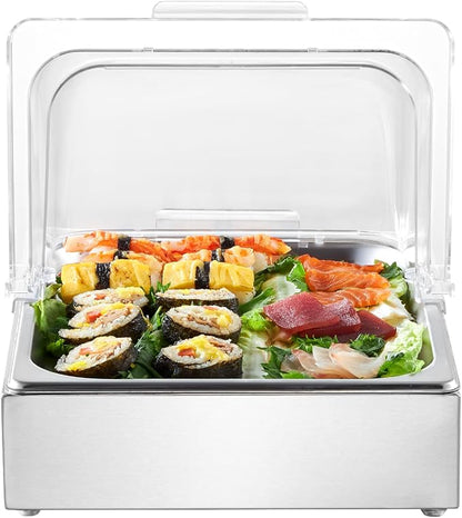 VEVOR Countertop Food Serving Display Container, 1 x 1/2 Pan Stainless Steel Food Serving Tray, Buffet Condiment Dispenser Display Rack with Clear Lid & Ice Tray, for Restaurant Hotel Kitchen Party