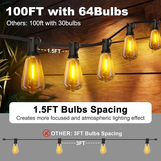 Outdoor String Lights 100FT with 64 Bulbs 1.5FT Spacing, 120W Dimmer,Remote | 120W Dimmer, Remote, Dimmable, Cable Ties, 1.5FT Spacing, End-to-End Connectable, Waterproof for Patio Outside Backyard