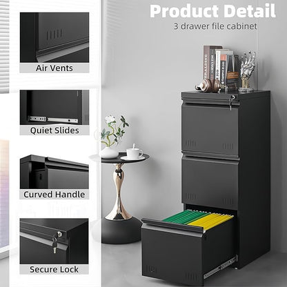 Approgreent Vertical 3 Drawer File Cabient with Lock, Metal Filing Cabinets for Home Office, Heavty Duty Office Storage Cabinet for A4/Letter/Legal (Matte Black)