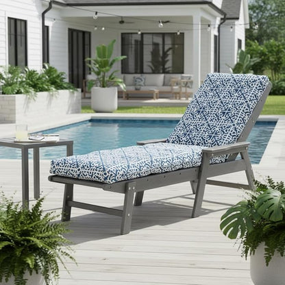 Modern Outdoor Chaise Lounge Cushion with Ties – Durable Polyester Fabric, Channel-Filled Polyfiber Insert, Removable Zippered Cover, Indigo Lattice