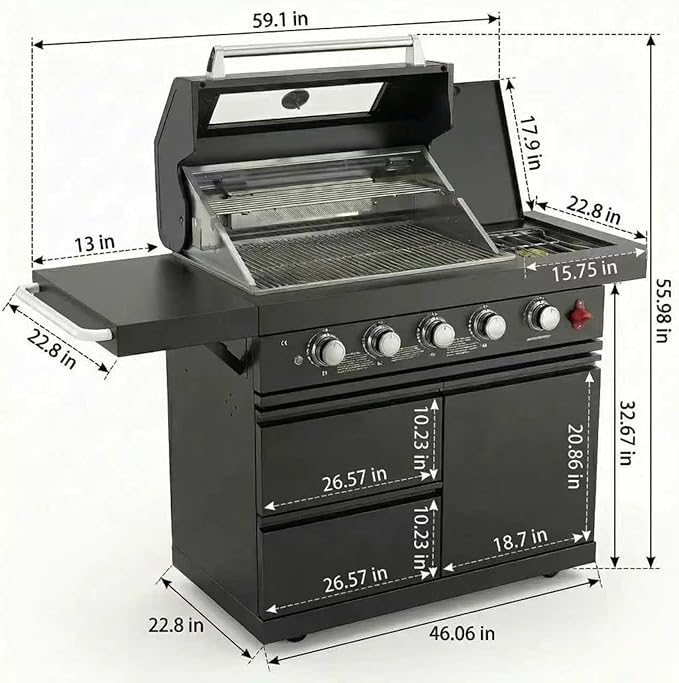 46" Outdoor Kitchen Island with Side Burner, 4-Burner 75,300 BTU Propane Gas BBQ Island with Rotisserie, Side Prep Shelf, Storage Drawers, LP/NG Convertible, for Backyard and Patio Cooking, Black