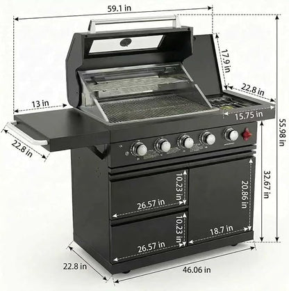 46" Outdoor Kitchen Island with Side Burner, 4-Burner 75,300 BTU Propane Gas BBQ Island with Rotisserie, Side Prep Shelf, Storage Drawers, LP/NG Convertible, for Backyard and Patio Cooking, Black