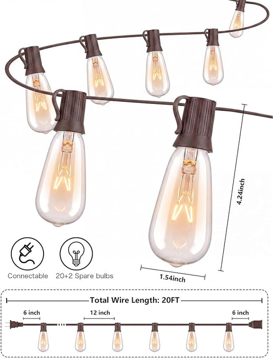 SUNSGNE 20Ft Edison Outdoor String Lights with 22 Clear Edison Bulbs, ST40 Vintage Bulbs String Lights, 7W Christmas Hanging Backyard Porch Balcony Party Decoration Lights, E17/C9 Socket Base, Brown