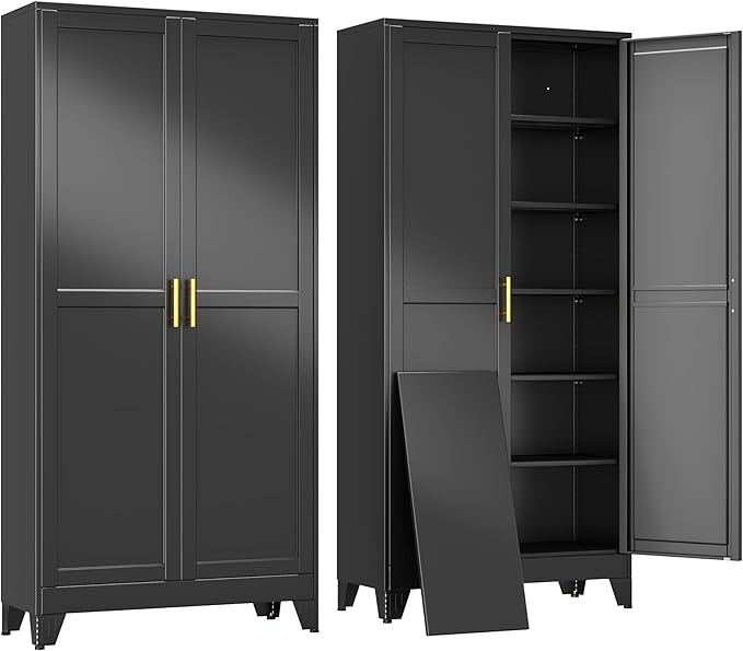 erosoei 75" H Large Metal Garage Storage Cabinet, Black Metal Pantry Cabinet with 2 Doors, Locker Steel Cabinet with 5 Adjustable Shelves, Freestanding Cupboard for Garage,Office,Home,Gym,School