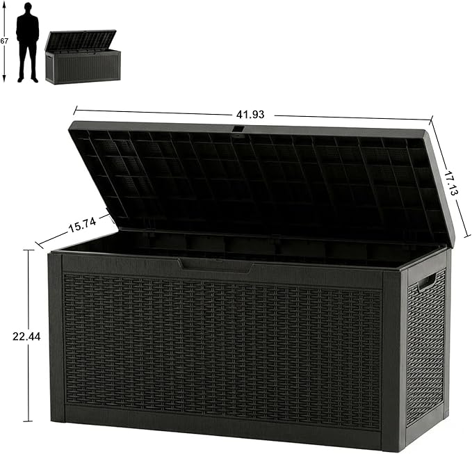 ROJIK Outdoor Storage Box, 70 Gallon Waterproof Deck Box, Weatherproof Resin Outside Storage Bin for Patio Furniture, Garden Tools, Pool Accessories, Cushion, Black