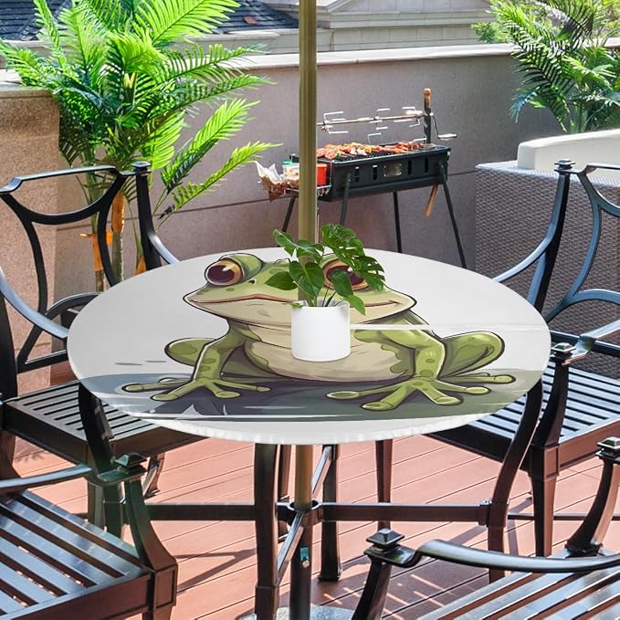 Fitted Round Tablecloth with Umbrella Hole and Zipper Frog Outdoor Elastic Table Cloth 45"-56" Oil-Proof Waterproof Green Frog Patio Table Cover for Picnic Party