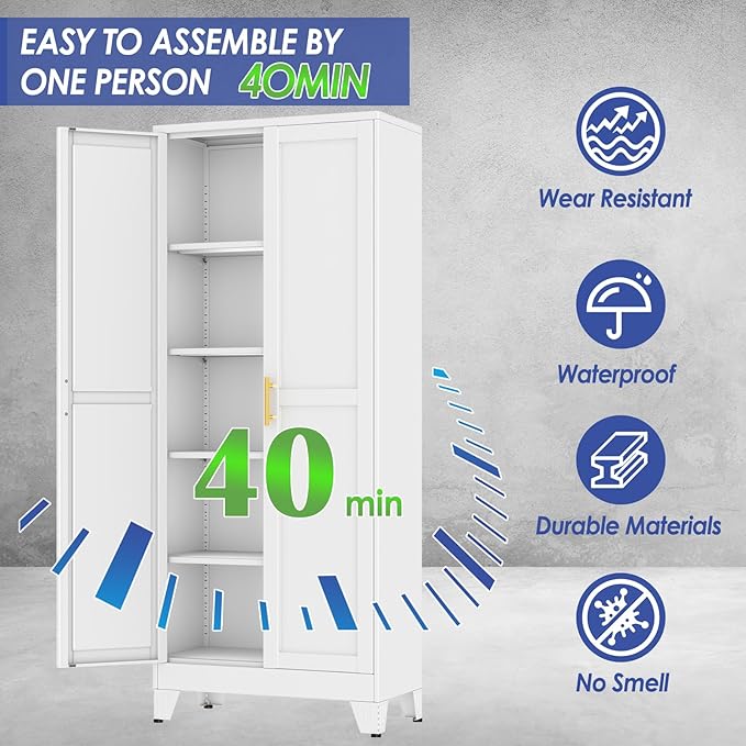 71" Metal Garage Storage Cabinet with 2 Doors and 4 Adjustable Shelves,Metal Storage Cabinets,Steel Tool Cabinets for Home,Office,Garage,Warehouse (White, 71''H x 29''W x 14''D)