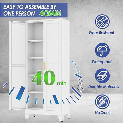 71" Metal Garage Storage Cabinet with 2 Doors and 4 Adjustable Shelves,Metal Storage Cabinets,Steel Tool Cabinets for Home,Office,Garage,Warehouse (White, 71''H x 29''W x 14''D)