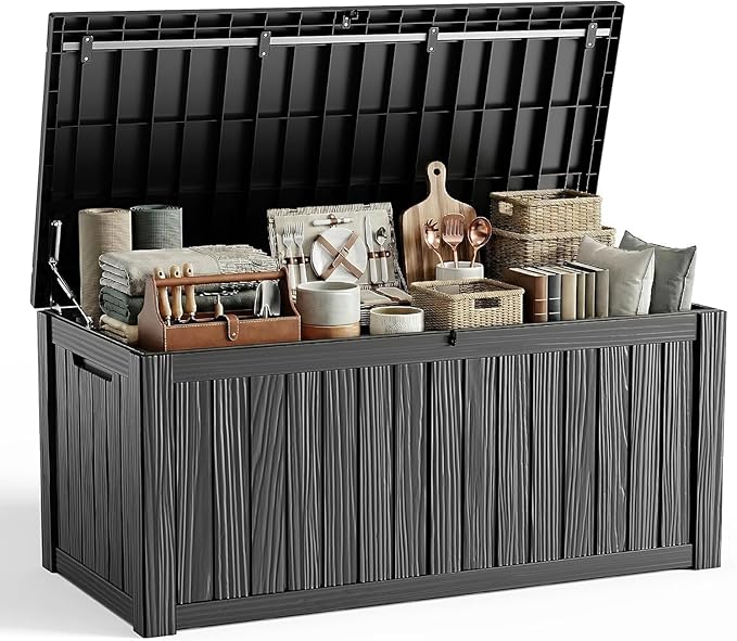 150 Gallon Outdoor Deck Box,Resin Waterproof Outdoor Storage Box for Patio Furniture,Garden Tools,Cushions